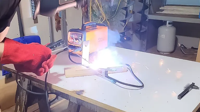 Hand in a red glove welding with the XR MARKET 150Amp Dual Voltage Welder, emitting bright sparks on a workbench