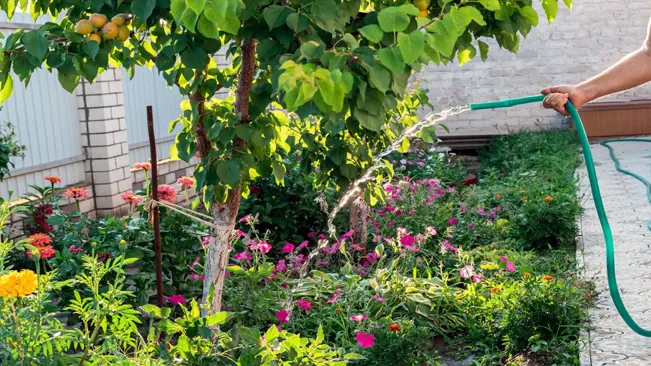 A senior gardener watering flowers and apricot tree in a garden bed for growth boost