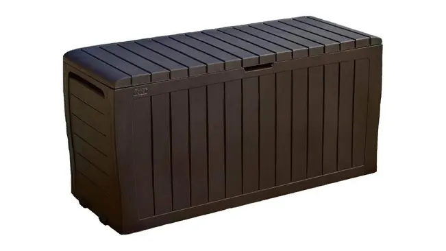 A closed Keter Marvel Plus 71 Gallon resin deck box in dark brown.