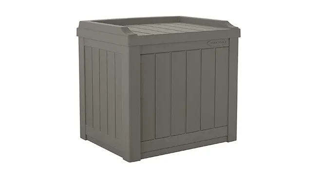 A Suncast 22-Gallon Small Deck Box in grey.