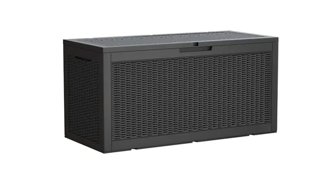 A Devoko 100 Gallon Waterproof Large Resin Deck Box in black with a wicker texture.