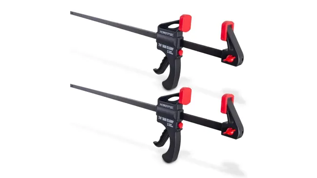 Two POWERTEC 71596 24 Inch Bar Clamps with black bars and red grips.
