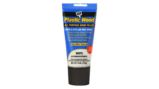 A tube of DAP Plastic Wood All Purpose Wood Filler in white.