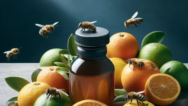 Bees surrounding a bottle of natural repellent on citrus fruits.