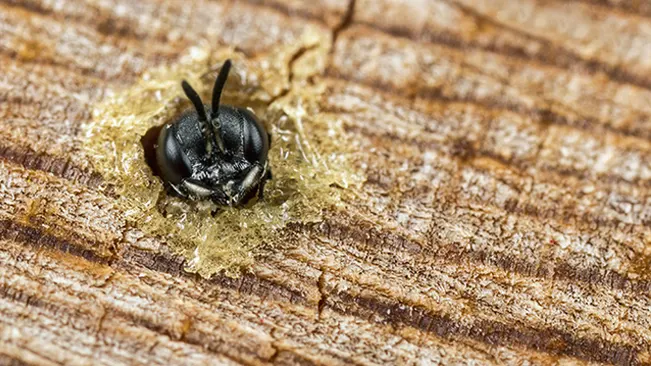 A carpenter bee nesting hole in wood.