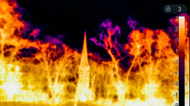 Thermal imaging of a forest fire displaying heat intensity, highlighting the use of technology in early detection and monitoring.