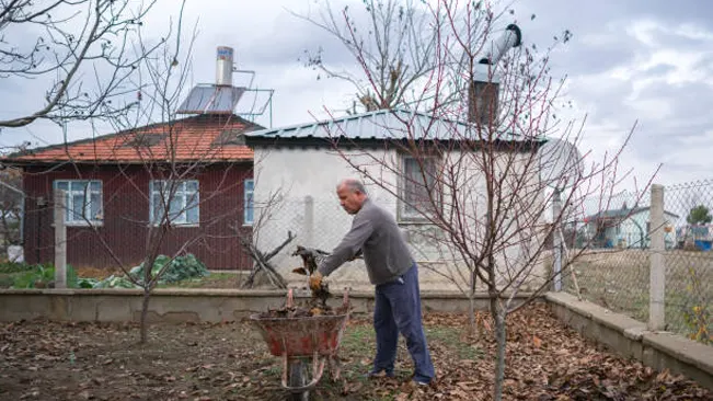 Man clearing dry leaves in a garden to create a defensible space around a house.