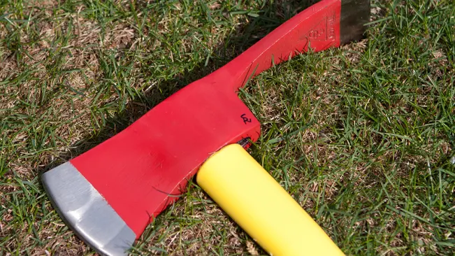 Red and yellow Pulaski axe lying on green grass