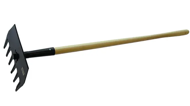 McLeod tool with a long wooden handle and a black rake-like head against a white background.