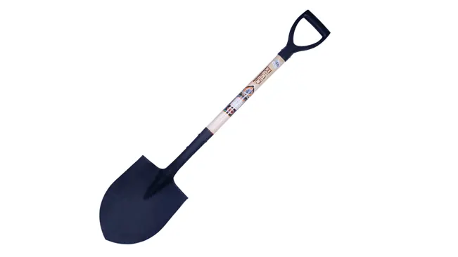 Black shovel with a D-handle and a wooden shaft against a white background