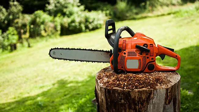 Orange chainsaw resting on a tree stump in a grassy area
