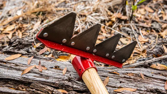 Fire rake with a red head and wooden handle lying on a log surrounded by dry leaves