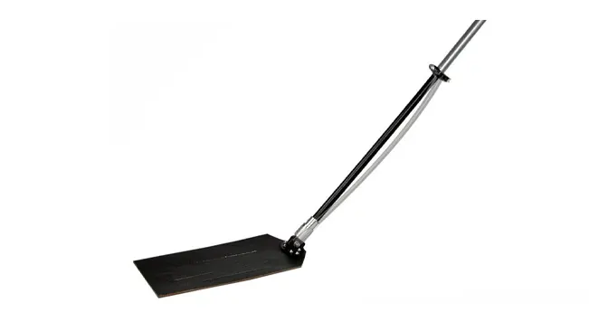 Fire swatter with a black rectangular head and a long metal handle on a white background