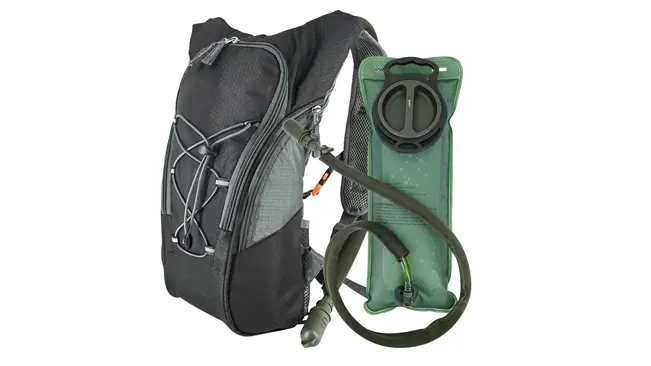 Hydration pack with a grey backpack and attached green water bladder with a drinking hose, isolated on a white background