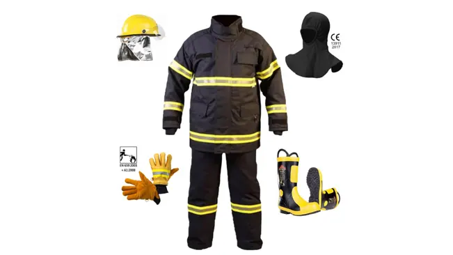 Firefighter's safety gear set including a yellow helmet, black jacket and pants with reflective stripes, gloves, mask, and respirator on a white background