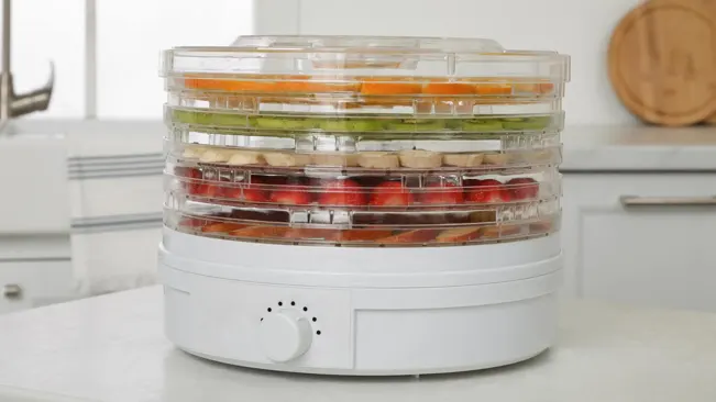 Dehydrator with fruits and vegetables on a table