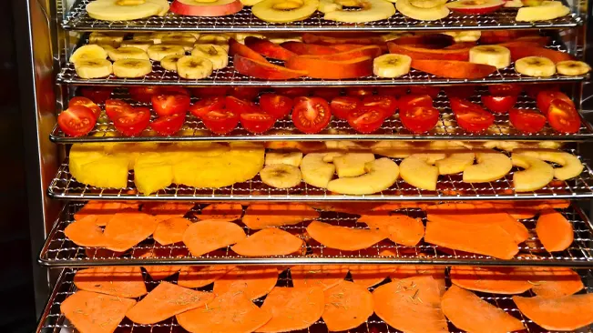 Sliced fruits on dehydrator tray
