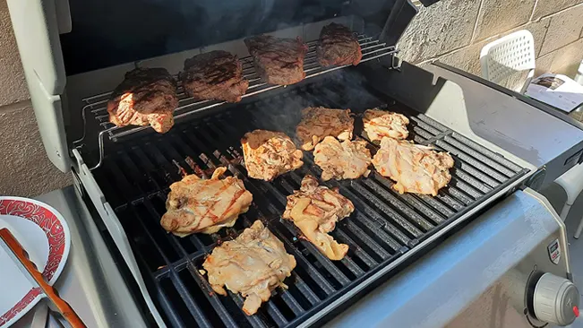shows several pieces of meat cooking on a grill.