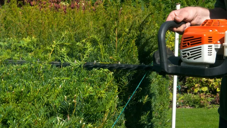 Person trimming hedge using string line