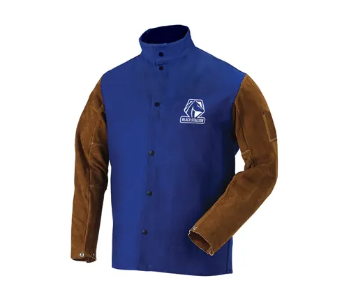 Blue and brown welding jacket with durable leather sleeves and company logo on the chest.