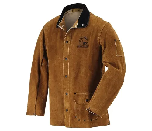 Brown leather welding jacket with button-up front and black collar, designed for durability and protection.