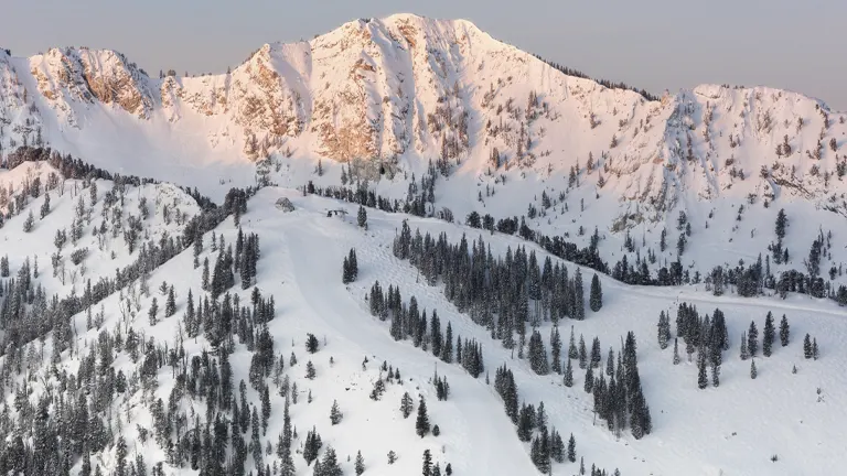 A panoramic view of a snow-covered mountain range during sunset with alpenglow illuminating the peaks, dense forests of coniferous trees on the slopes, and untouched snow fields, suggesting a serene and pristine skiing environment.