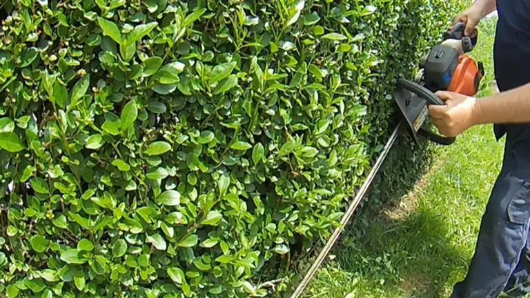 Person using Husqvarna 122HD60 trimming lower part of the hedge