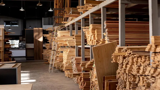 Interior of a well-organized lumber store with various types and sizes of wood stacked on shelves.
Different Types of Wood For Woodworking