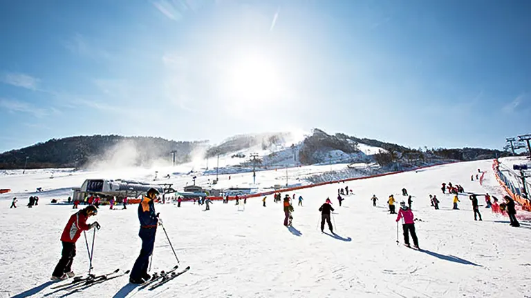 A lively ski resort with people skiing and snowboarding down snow-covered slopes under a clear blue sky, with ski lifts operating in the background.