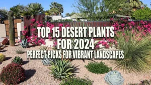 Desert garden featuring a variety of plants including large agave plants, flowering pink bougainvillea against a red fence, and assorted cacti and succulents spread over a bed of gravel.