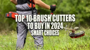 A person in gray overalls and a harness using a red battery-powered brush cutter to trim grass in a lush green field.
