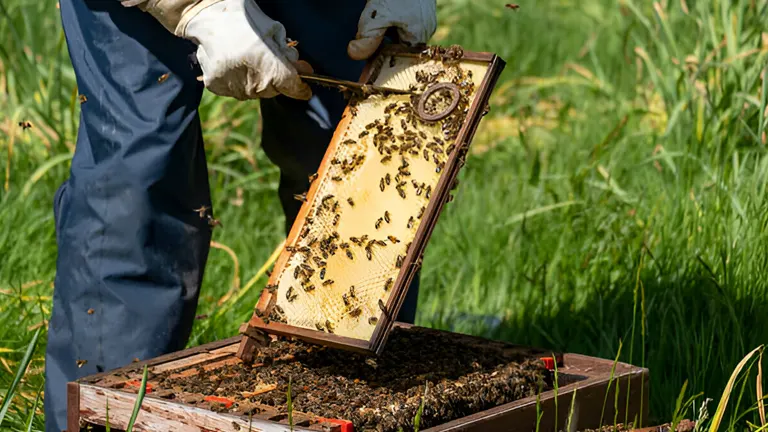Beekeeper inspecting a frame of honeycomb, with bees actively working on it.

