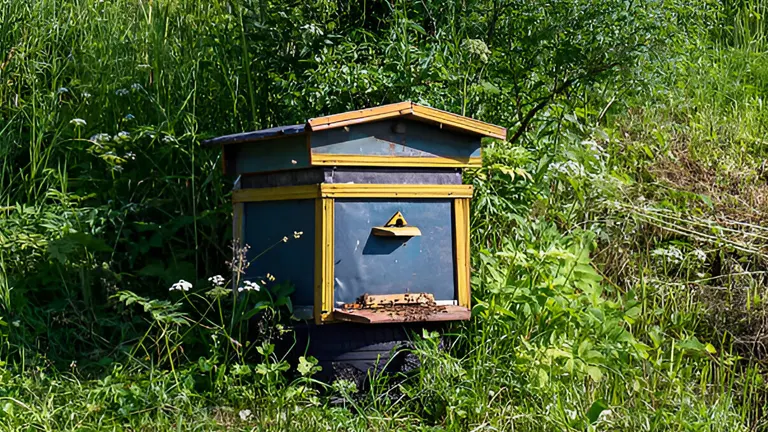 Bee hive located in a lush green field, demonstrating ideal placement in a natural setting.
