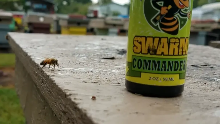 Close-up of a commercial swarm lure bottle with a single bee approaching it, placed on a wooden surface.
