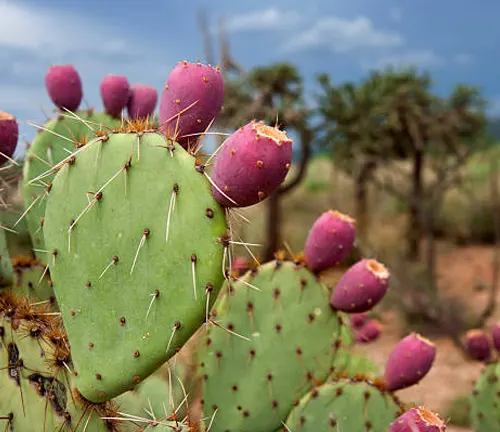 Prickly pear cactus with vibrant red fruits and green pads, set against a blurred background of a stormy sky and desert landscape.