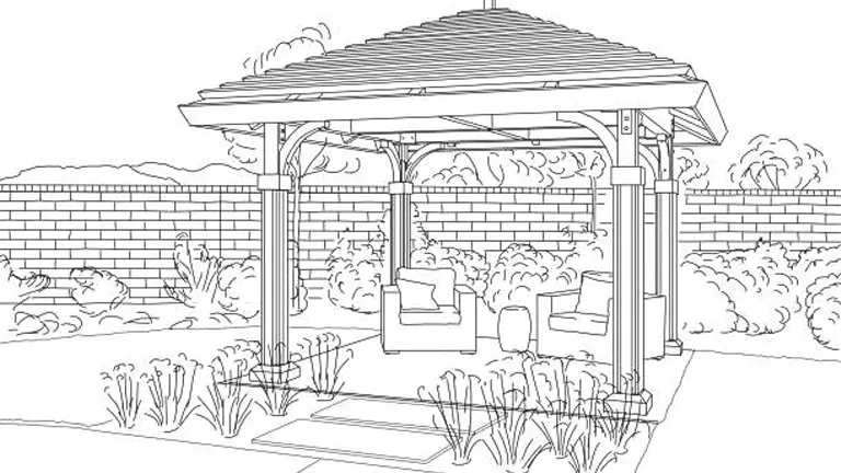 Line drawing of a backyard pergola with chairs, situated next to a garden and a brick wall.
