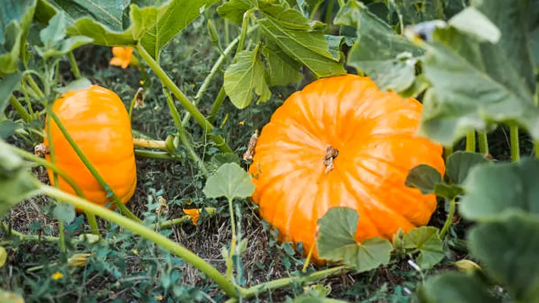 Two pumpkins of different sizes growing amongst dense green leaves and vines, with the larger one showing a vivid orange color and prominent ribbed texture.