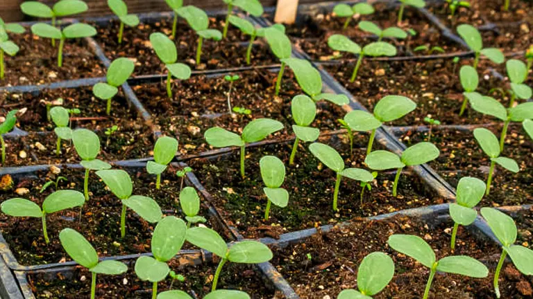 Rows of young green squash seedlings growing in a nursery setup, with visible soil and an irrigation system in place.
