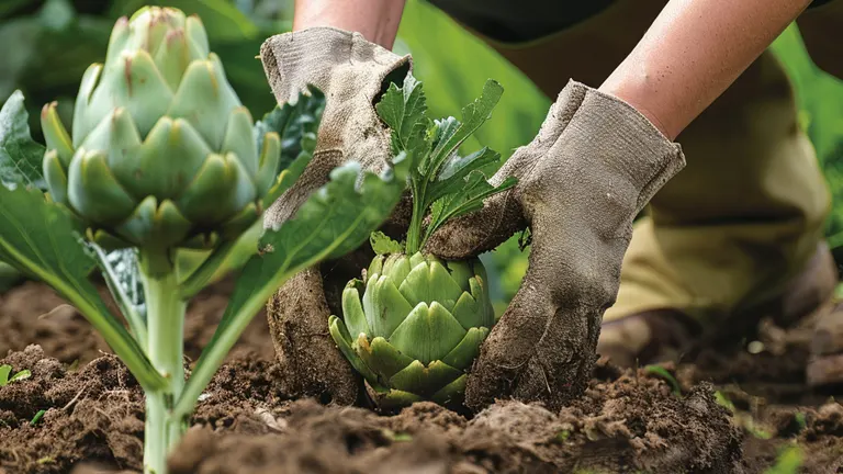 Person planting an artichoke plant in a garden, wearing gardening gloves.
