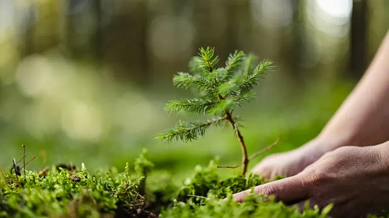 Close-up of a young spruce sapling growing amidst vibrant green moss, with a person's hands gently touching the ground near the plant, in a sunlit forest setting.