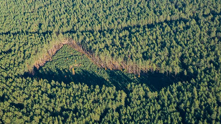 An aerial view of a dense forest with a large, triangular-shaped clearing where trees have been harvested, creating a visible contrast in the canopy.
