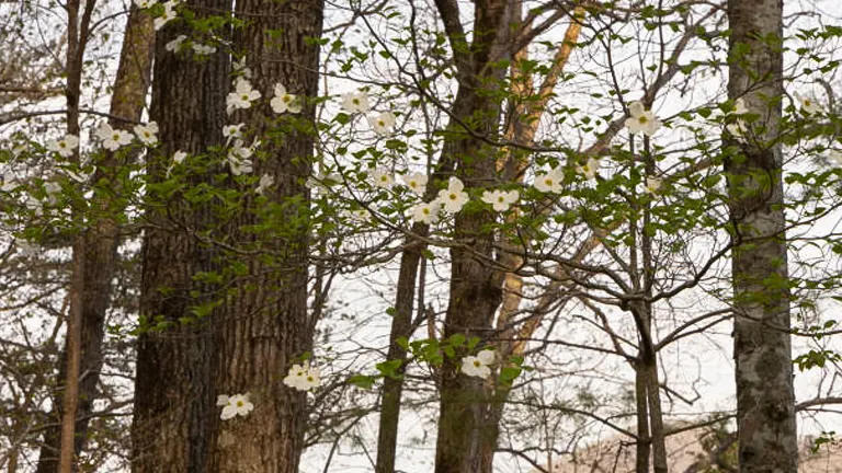 Flowering Dogwood tree with white blossoms and green leaves, set among taller trees in a forested area.