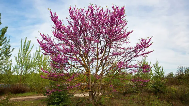 A single Eastern Redbud tree stands in full bloom with bright pink flowers, surrounded by a grassy area and smaller shrubs, with a clear blue sky and scattered clouds in the background.
