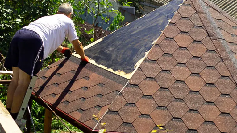Man repairing or installing shingles on a steep house roof, using a brush on a sunny day.