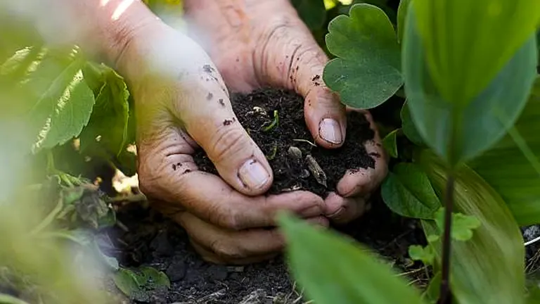 Close-up of a gardener's hands holding a small amount of dark soil with a young plant sprouting, surrounded by green leaves.