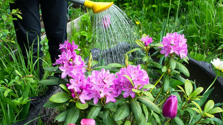 A person is watering vibrant pink rhododendron flowers with a garden hose, amidst lush greenery and colorful tulips in a garden.