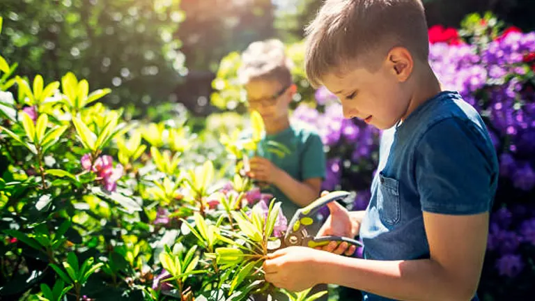 Two young boys engaged in gardening; the foreground shows one boy pruning a bush with garden shears, while the other observes in a lush, colorful garden.