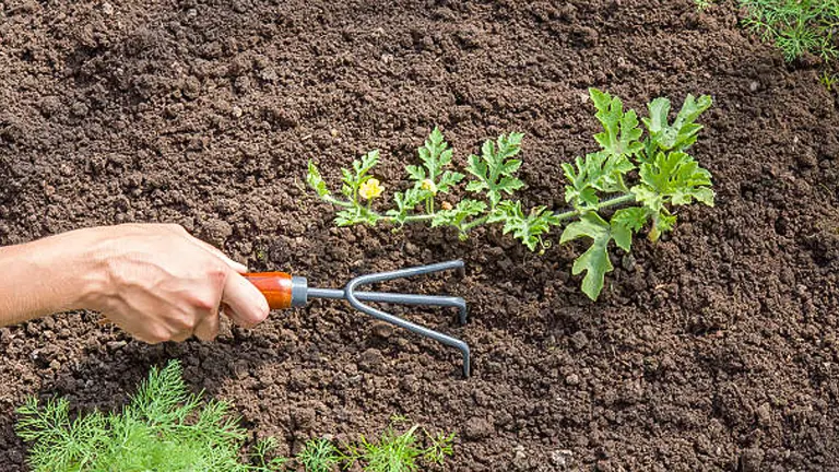 A hand using a garden fork to cultivate the soil around a young watermelon plant in a well-tended garden bed.
