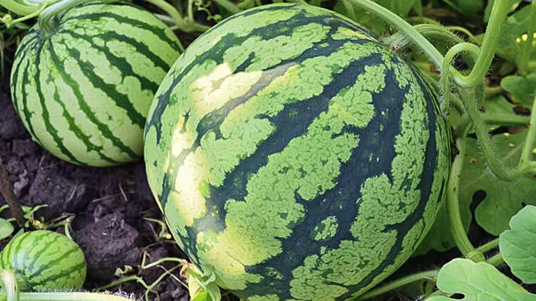 Large watermelons with distinct green and dark green striped patterns growing on the vine, surrounded by lush leaves in a garden bed.
