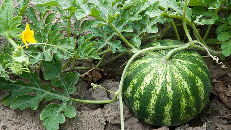 A ripe watermelon on the vine with leaves and a yellow flower growing in a garden.